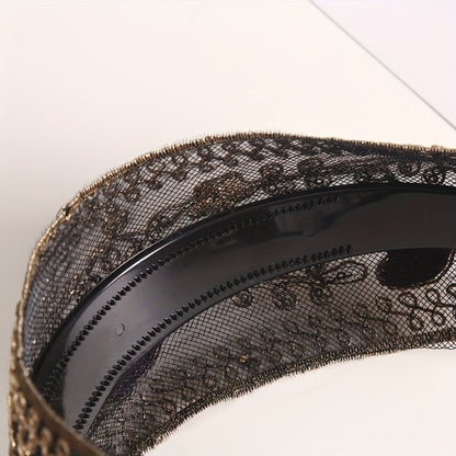 Lace Sequin Flower Headbands for Women 2pcs Wide Non-Slip Boho Retro Embroidered Hair Hoops for Daily Wear Spring Summer Wedding Party Chic