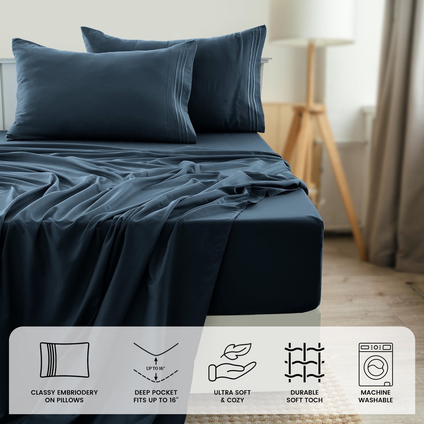 Fitted Sheet Set 6-Piece Brushed Polyester Deep Pocket Bed Sheets 20 Colors Hotel Luxury Bedding with Embroidered Pillowcases