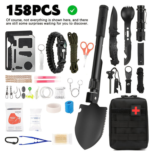 12- or 158-Piece Outdoor Tool and Supply Kits with Carry Pouch, Shovel and Fire-Starting Accessories