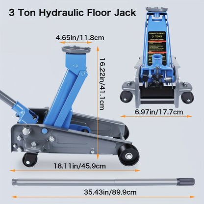 3 Ton Floor Jack with Wheels Rapid Pump Low Profile Car Jack 5.31"-18.11" Lift Range 460mm Max Height