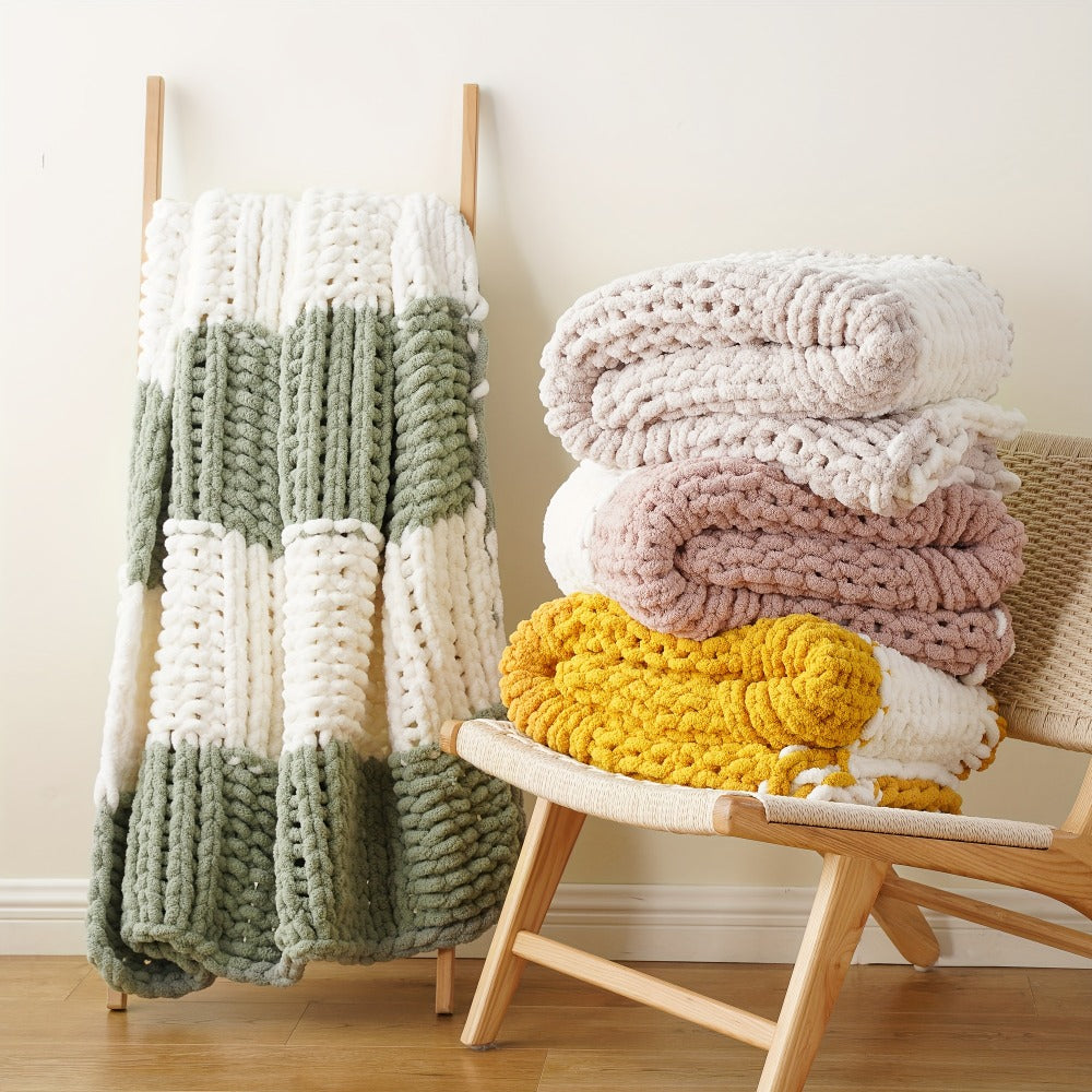 Chunky Chenille Cable Knit Throw Blanket, 350-400gsm Crochet Throw for Sofa, Bed & Couch, Vintage Patchwork