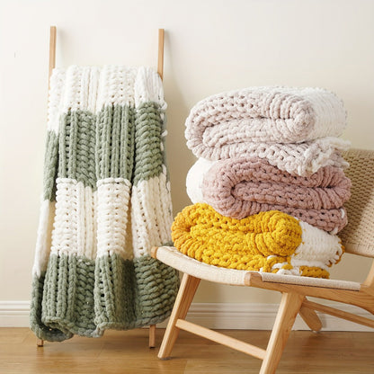 Chunky Chenille Cable Knit Throw Blanket, 350-400gsm Crochet Throw for Sofa, Bed & Couch, Vintage Patchwork