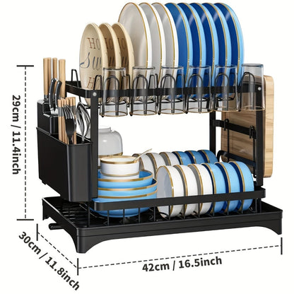 2-Layer Dish Drying Rack Kitchen Countertop Organizer – Dish Drain Rack with Knife Holder, Cup Rack & Cutlery Holder for Bowls