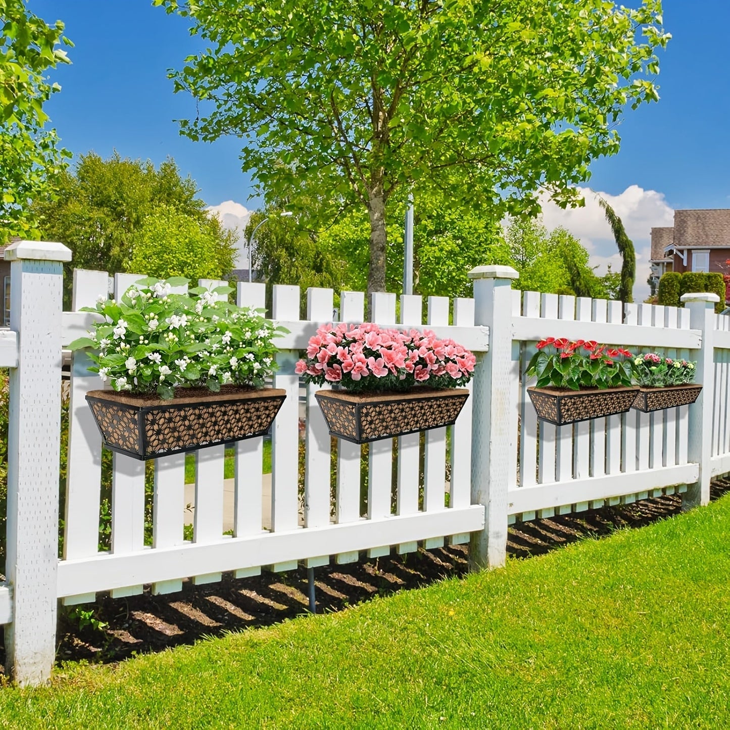 Window Box Planter 24 Inch with Coco Liner Adjustable Railing Brackets Cast Iron Flower Box for Porch Fence Balcony Patio Outdoor Garden