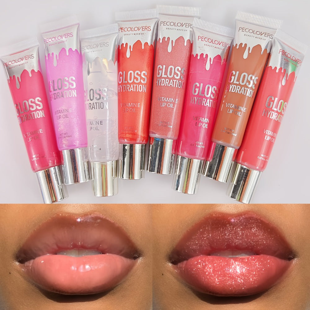 Pearlescent Glitter Lip Gloss Set 8 Pieces with Lip Oil Formula, for Makeup, Travel and Everyday Vanity Use