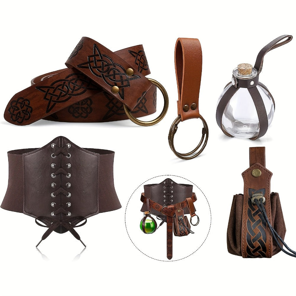 Medieval Costume Accessories Set 5-Piece, Corset Belt, Renaissance Belt Bag, Cork Potion Bottle & More for Halloween