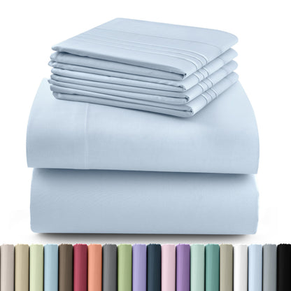 Fitted Sheet Set 6-Piece Brushed Polyester Deep Pocket Bed Sheets 20 Colors Hotel Luxury Bedding with Embroidered Pillowcases
