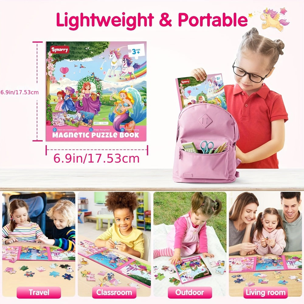 Magnetic Puzzle Book for Girls 3 4 5 6, 3-in-1 Unicorn Mermaid Princess Travel Puzzles, 20 Pieces Folding Magnetic Jigsaw for Toddlers