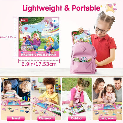 Magnetic Puzzle Book for Girls 3 4 5 6, 3-in-1 Unicorn Mermaid Princess Travel Puzzles, 20 Pieces Folding Magnetic Jigsaw for Toddlers