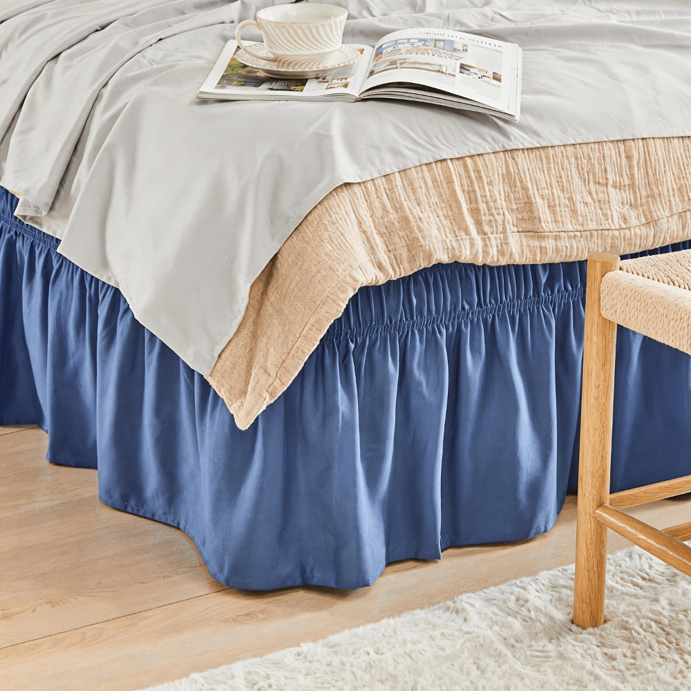 Bed Skirt Elastic Wrap Around Ruffle – 15 Inch Drop Microfiber Dust Ruffle, Adjustable No-Lift Fit, Fade Resistant Machine Washable