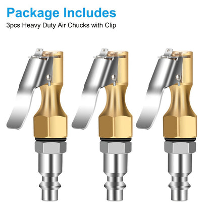 Air Chuck Lock-On Tire Inflator 3-Piece Set – Closed Flow Clip-On, 250 PSI, Schrader Valve Compatible, Heavy-Duty Copper for Car