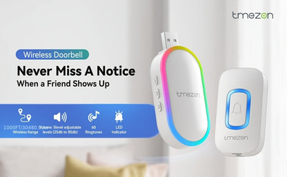 USB Plugin Wireless Doorbell Kit with 60 Melodies, 5 Volume Levels & Colorful LED Indicator, 1000ft Range