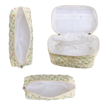 Quilted Floral Makeup Bag Set 3PCS Large Capacity Dual Layer Cotton Cosmetic Bags Coquette Aesthetic Travel Toiletry Organizer Gift