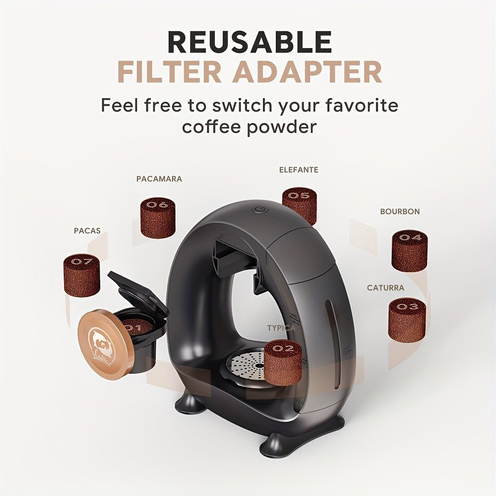 Compact Single-Serve Coffee Maker for Pods, Grounds or Tea with 4-8oz Serving Label and Four Colors