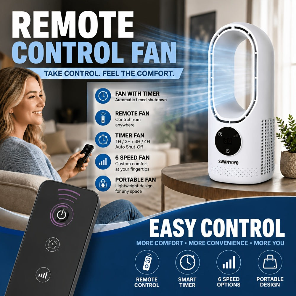 Portable Fan USB-Powered Bladeless Tower Model with Water Mist, Remote, Touch Controls and LED Light