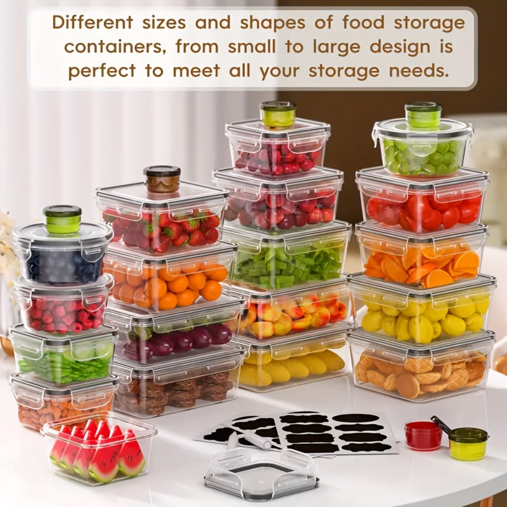 Food Storage Containers with Lids, 10- or 40-Piece PP Set with Easy-Snap Lids, Labels and Markers in Two Colors