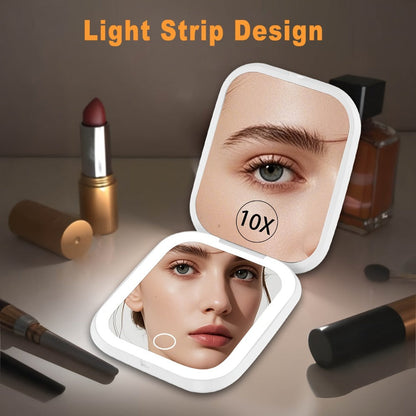Rechargeable Pink or White LED Compact Mirror with 1X and 10X Views, Three Light Modes and Touch Dimming