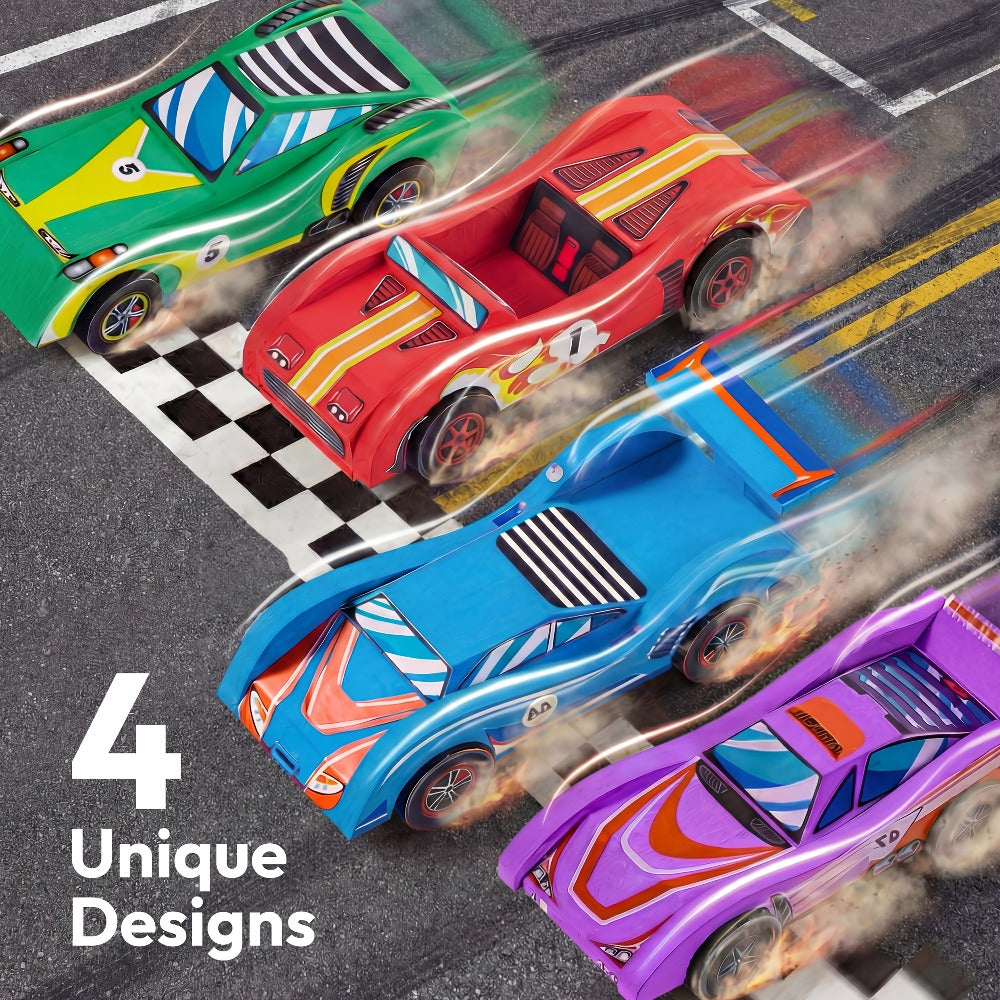 DIY Wooden Race Cars 4pcs Build & Paint Kit for Kids Ages 8+, 44 Pre-Cut Pieces 12 Colors Racing Stickers