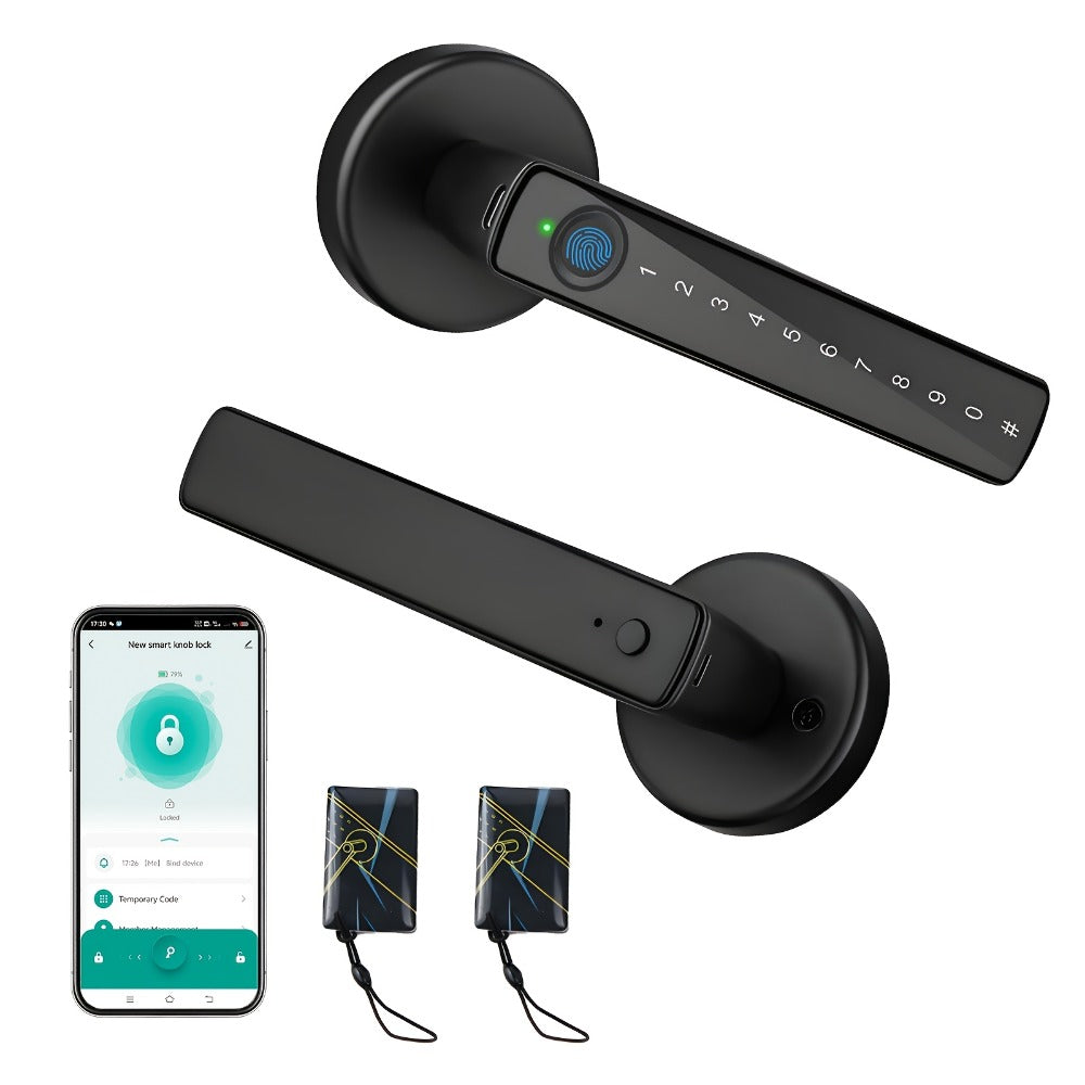 Smart Door Lock Handle with Fingerprint PIN IC Card and Key Access plus Four AAA Power and Type-C Port