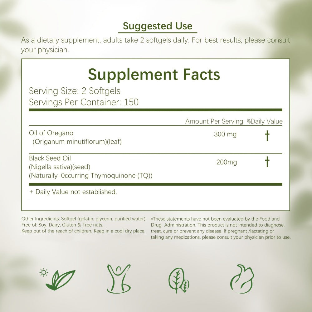 Oregano Oil Black Seed Oil Softgels 2-in-1 Immune Support, 4x Strength Carvacrol 200mg Thymoquinone