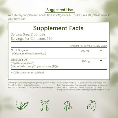 Oregano Oil Black Seed Oil Softgels 2-in-1 Immune Support, 4x Strength Carvacrol 200mg Thymoquinone