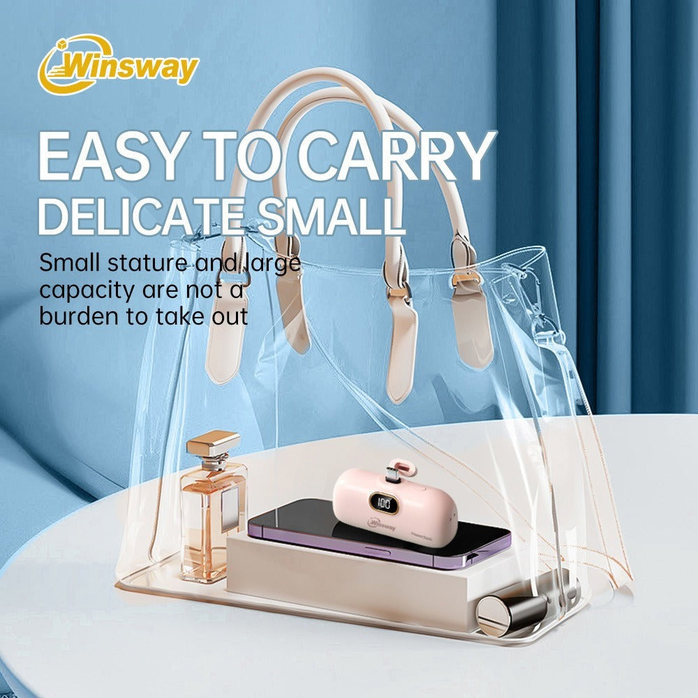 Power Bank 5000mAh Mini USB-C Plug-In Style with Digital Display in Pink or White for Travel