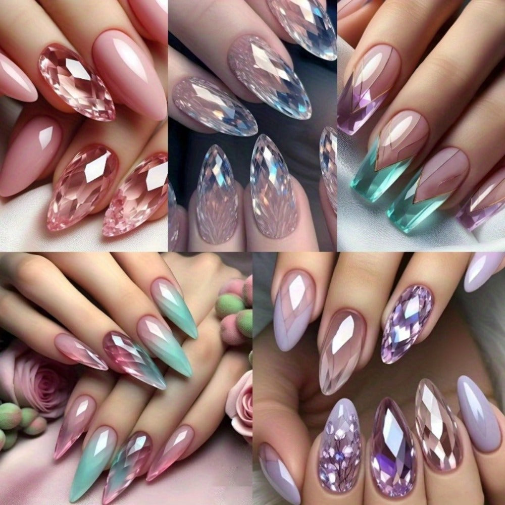 Glue On Nails, 120-Piece Medium Almond Set with Gradient Holographic Finish, Jelly Glue and Nail File