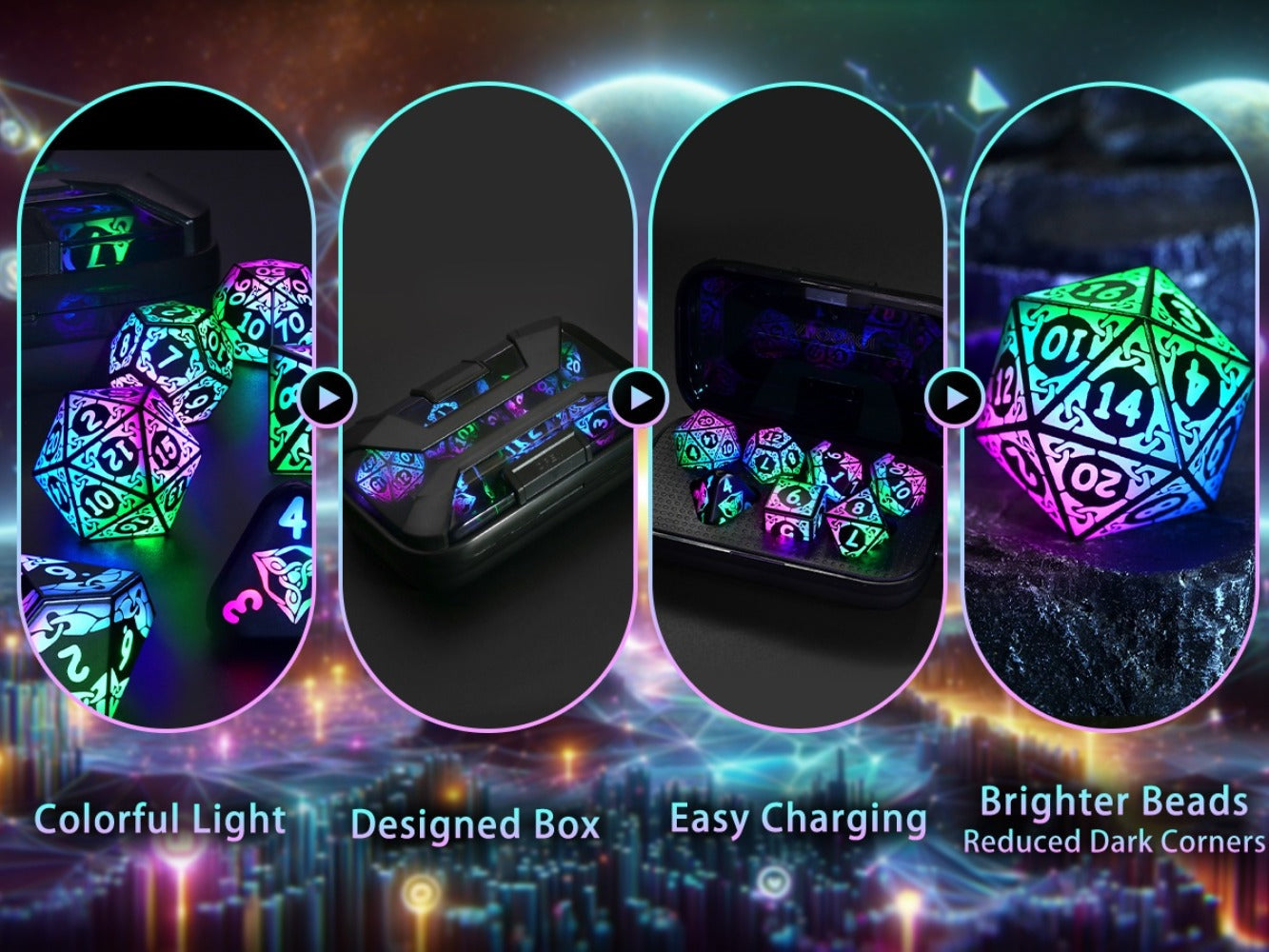LED Dice Set 7pcs Wireless Rechargeable Light Up, Colorful Glowing Polyhedral Dice with Charging Box
