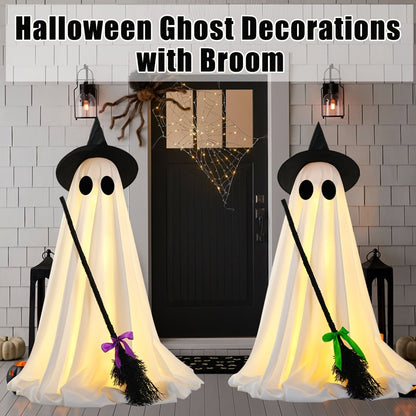 Halloween Ghost with Broom Outdoor Decoration, Eerie Spooky Ghost Ornament for Porch, Yard, Garden & Lawn