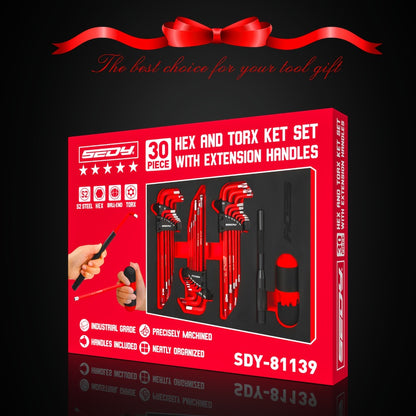 Hex Key & Torx Wrench Set 30-Piece – Long Arm Ball End Allen Wrenches with T-Handle & Extension Bar | SAE
