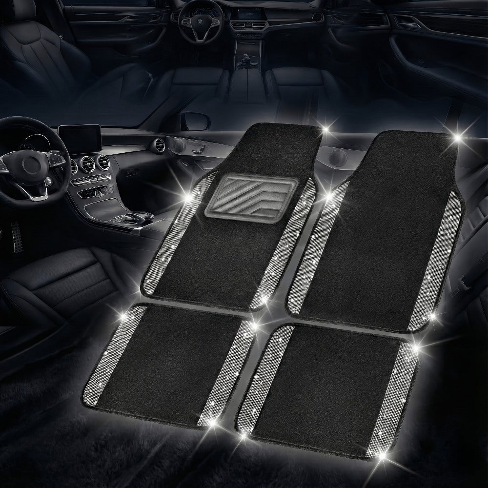 Crystal Bling Car Floor Mats for Women – Sparkling Diamond & Flash Glitter Universal Non-Slip Waterproof Auto Floor Pads