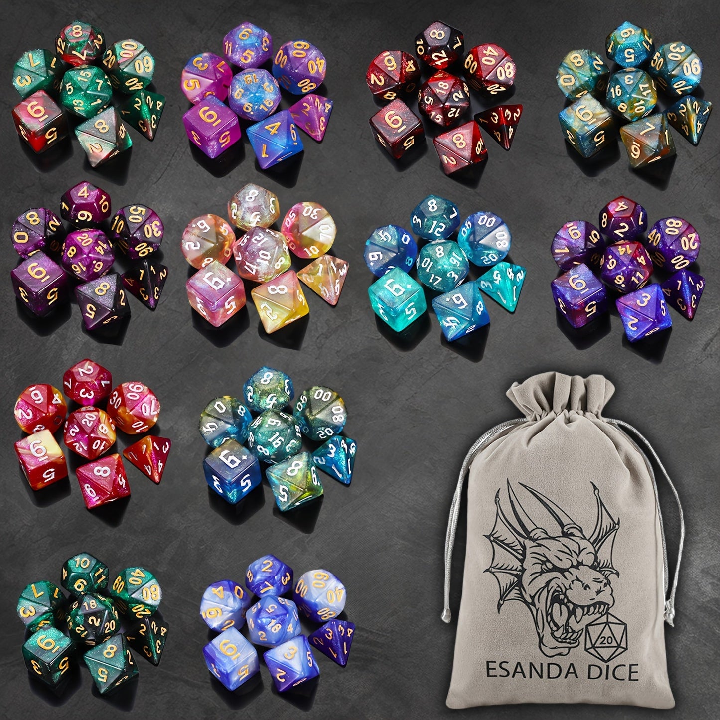 DnD Polyhedral Dice Set 84pcs – Starry Night Glitter Dice with Pouch & Tray for D&D RPG MTG Tabletop Games, Complete 12-Color Collection