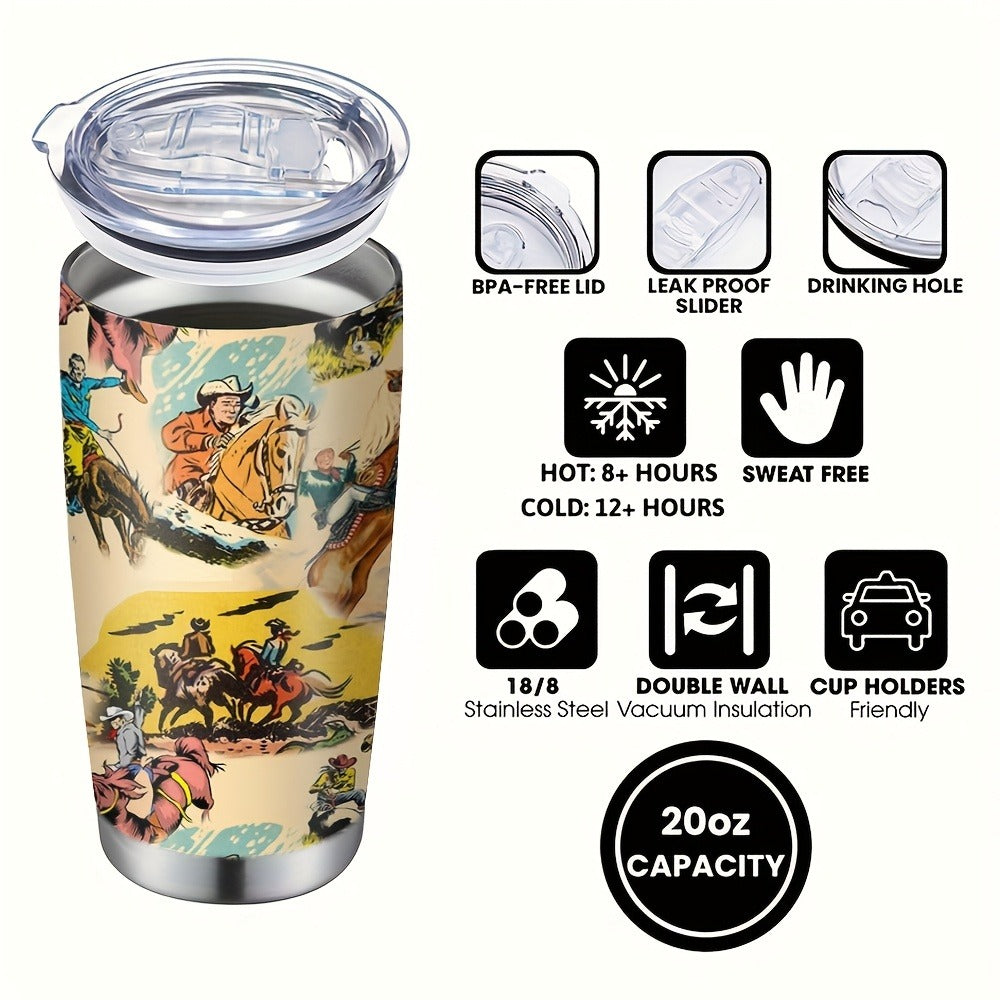 Insulated Tumbler 20oz Cowboy Western Graphic in Yellow Stainless Steel with Lid and Straw