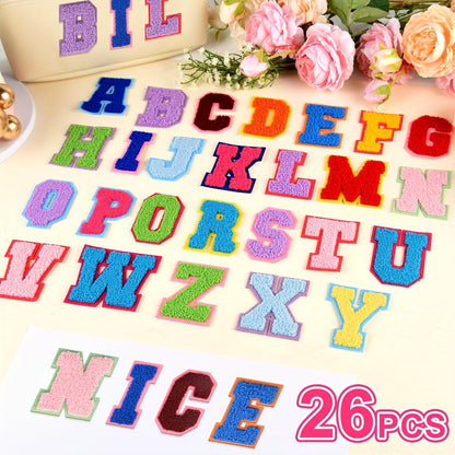 Chenille Letter Patches Self Adhesive A-Z 26pcs – Embroidered Alphabet Applique Stickers for Clothes Bags Hats Phone Cases