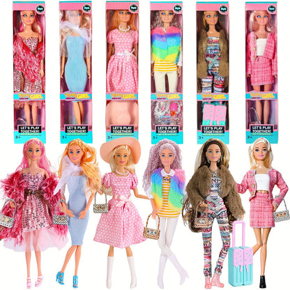 Six-Piece 11.5-Inch Fashion Doll Set with Mixed Outfits, Handbags, Hats, Necklaces and Suitcase Accessories