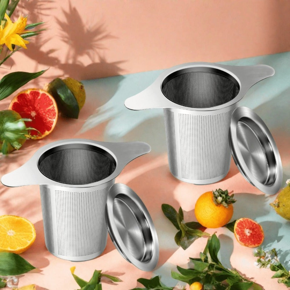 Stainless Steel Tea Strainer Set of 4 with Lid, Fine Mesh Tea Infuser with Dual Handles for Loose Leaf Tea