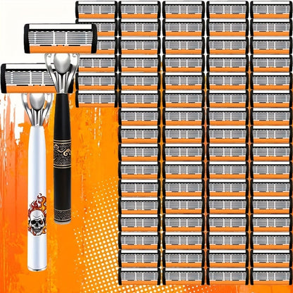 Men's Razor 6-Layer Blade 72 Replaceable Blades 2 Anti-Slip Handles – Ultra-Sharp Cartridge Shaver for Close Smooth Shave Face Beard Body