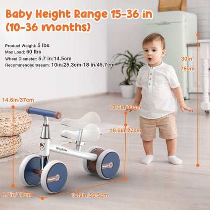 4 Wheel Balance Bike for Baby Toddlers 10-36 Months, First Bike with Adjustable Seat, 90° Steering Limit & Silent Anti-Slip Tires