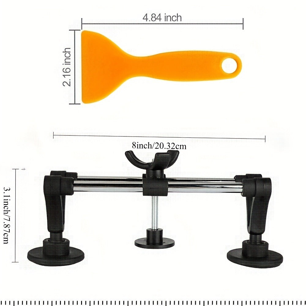Thirteen-Piece Bridge-Style Dent Puller Set with Suction Feet, Puller Tabs and Two Scraper Tools
