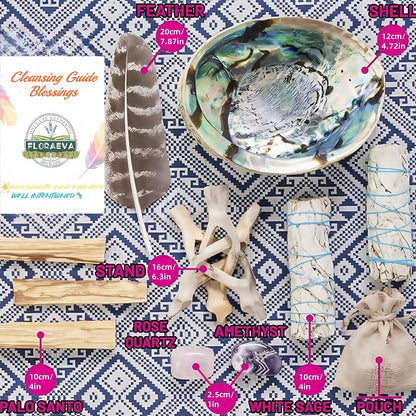 White Sage Cleansing Kit Smudge Set with Abalone Shell Holy Wood Incense Feathers Crystal for Entryways, Bedrooms and Living Spaces