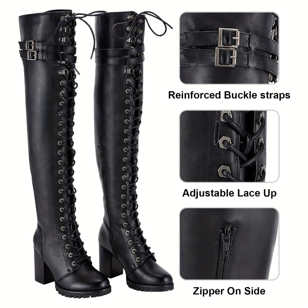 Women's Over-the-Knee Biker Boots, Faux Leather Thigh High Lace-Up Knee High Boots with Chunky Heel & Buckle