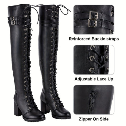 Women's Over-the-Knee Biker Boots, Faux Leather Thigh High Lace-Up Knee High Boots with Chunky Heel & Buckle