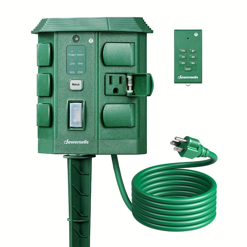 Outdoor Power Stake Timer 6 Outlet, 100FT Wireless Remote Control, Dusk to Dawn Photocell Sensor