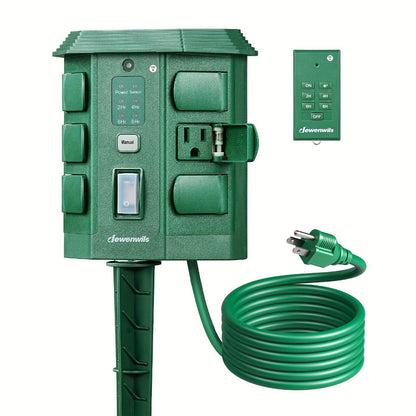 Outdoor Power Stake Timer 6 Outlet, 100FT Wireless Remote Control, Dusk to Dawn Photocell Sensor