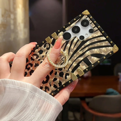 Leopard Print Samsung Galaxy Case Ring Holder Kickstand Anti-Drop Rectangular Cover for Galaxy S25 Ultra Plus S24 Ultra Plus FE S23 Ultra