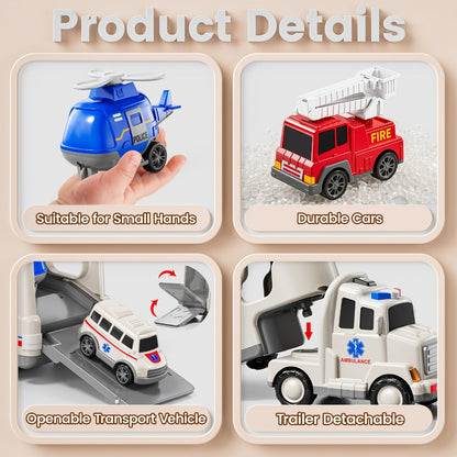 Ambulance Truck Toy Set for Boys, 5-in-1 Friction Power Carrier Truck with Lights & Sounds