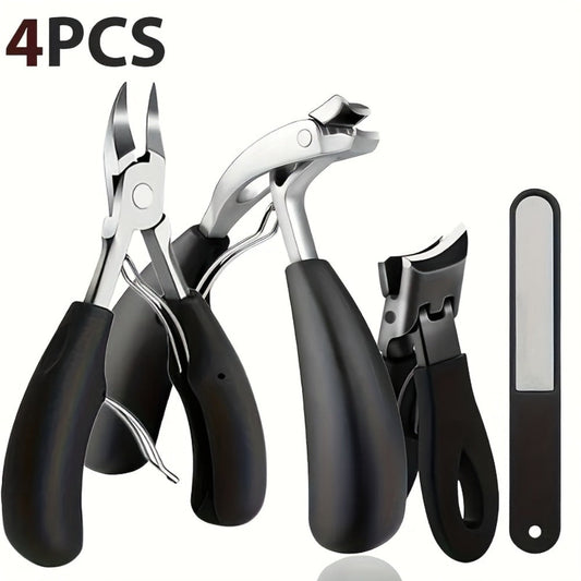 Heavy Duty Toenail Clipper Kit 4 Piece Stainless Steel | Convex Blade Ingrown Toenail Cutter with Nail File Ergonomic Non-Slip Handle |