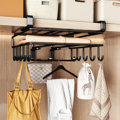 Under Cabinet Organizer Rack with Hooks, Carbon Steel Kitchen Shelf for Utensils, Towels, Cups & Cutting Boards