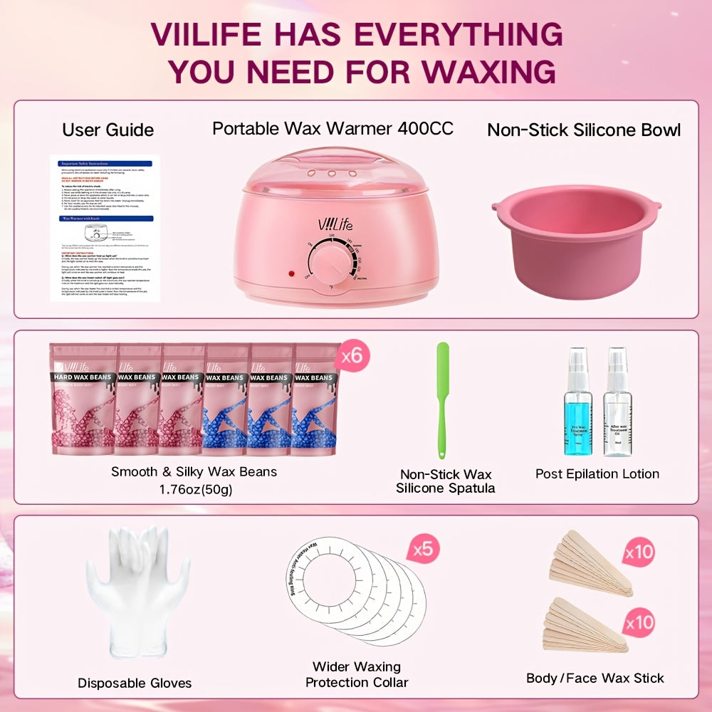 Hard Wax Warmer Kit 43 Piece Complete Home Waxing Set with Pink Hard Wax Beads – No Strip Hair Removal for Face Eyebrow Body Brazilian