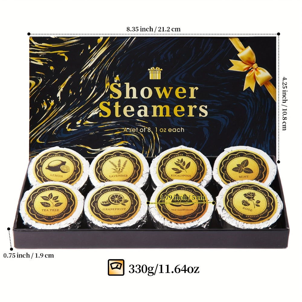 Eight 30 g Shower Steamer Tablets in Eight Fragrance Labels with Black-and-Gold Gift Box Packaging